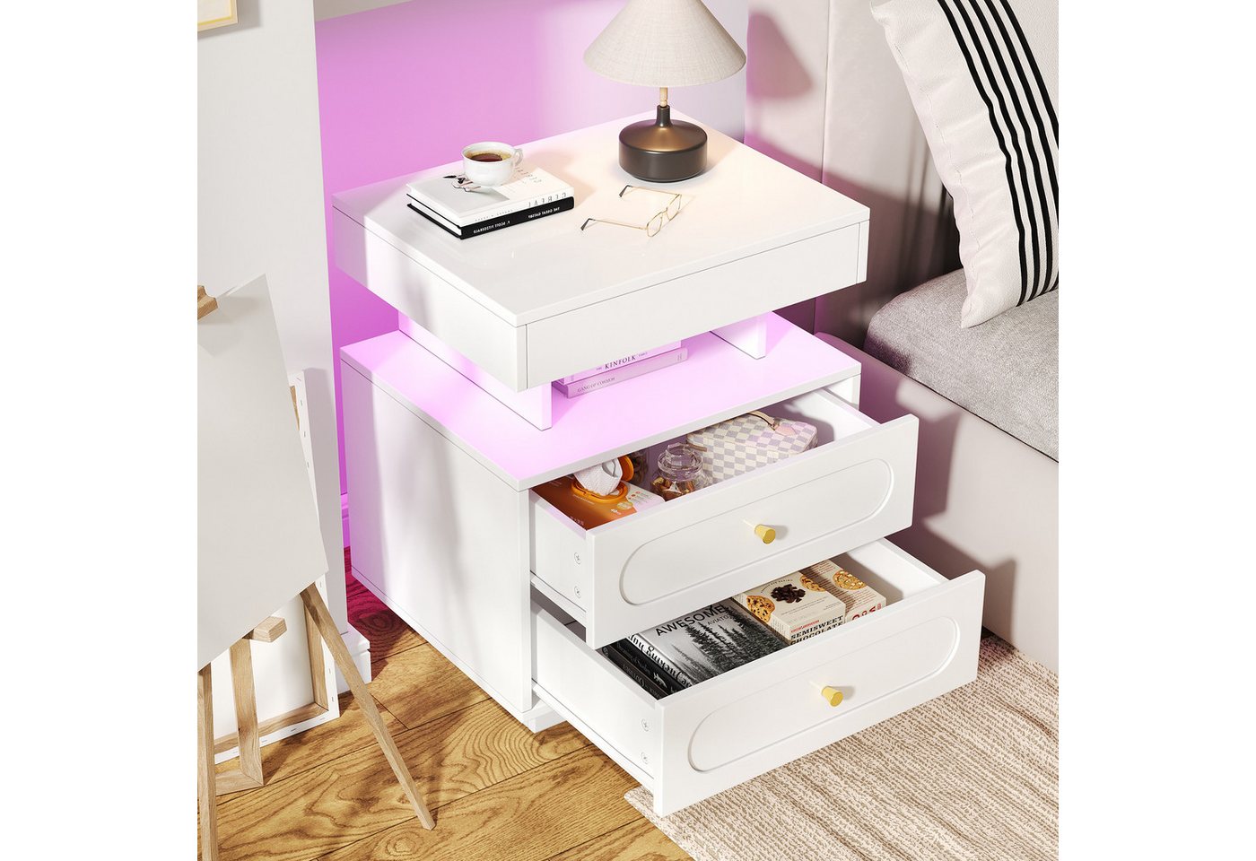 REDOM Nachttisch Beistelltisch Nachtkonsole (mit LED-Beleuchtung Weiß, 1-St., B50/D40/H60 cm) von REDOM