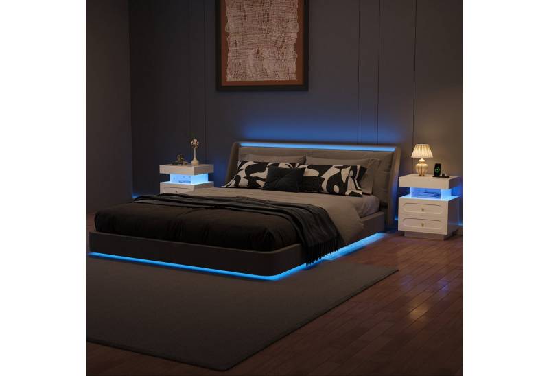 REDOM Nachttisch Beistelltisch Nachtkonsole (mit LED-Beleuchtung Weiß, 2-St., B50/D40/H60 cm) von REDOM