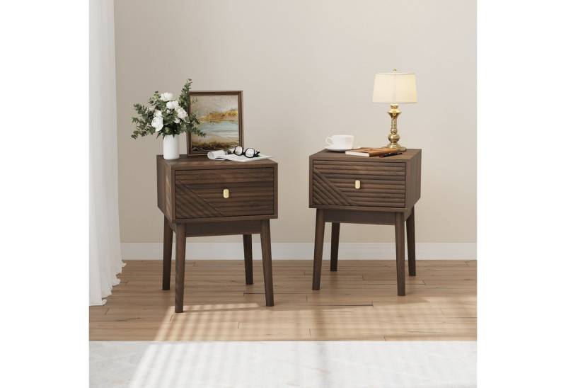 REDOM Nachttisch Kommode,Nightstand (Mid-Century Modern Nussbaum Nachttisch, 2er Set, 40x40x55 cm, Metallgriffe, großzügiger Stauraum, Rillenmuster-Design., 2-St., 40x 40 x 55 cm), 2 Stück von REDOM