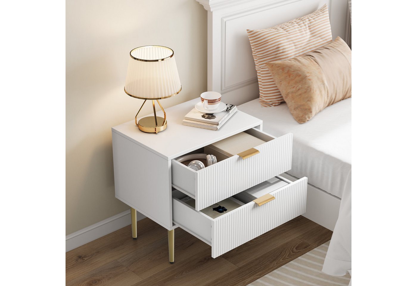 REDOM Nachttisch Kommode,Nightstand (Moderner Weißer Nachttisch mit 2 Schubladen und Metallbeinen – Eleganter Nachttisch für Schlafzimmer, robuster Stauraum., 1-St., 53 x 41,5) von REDOM
