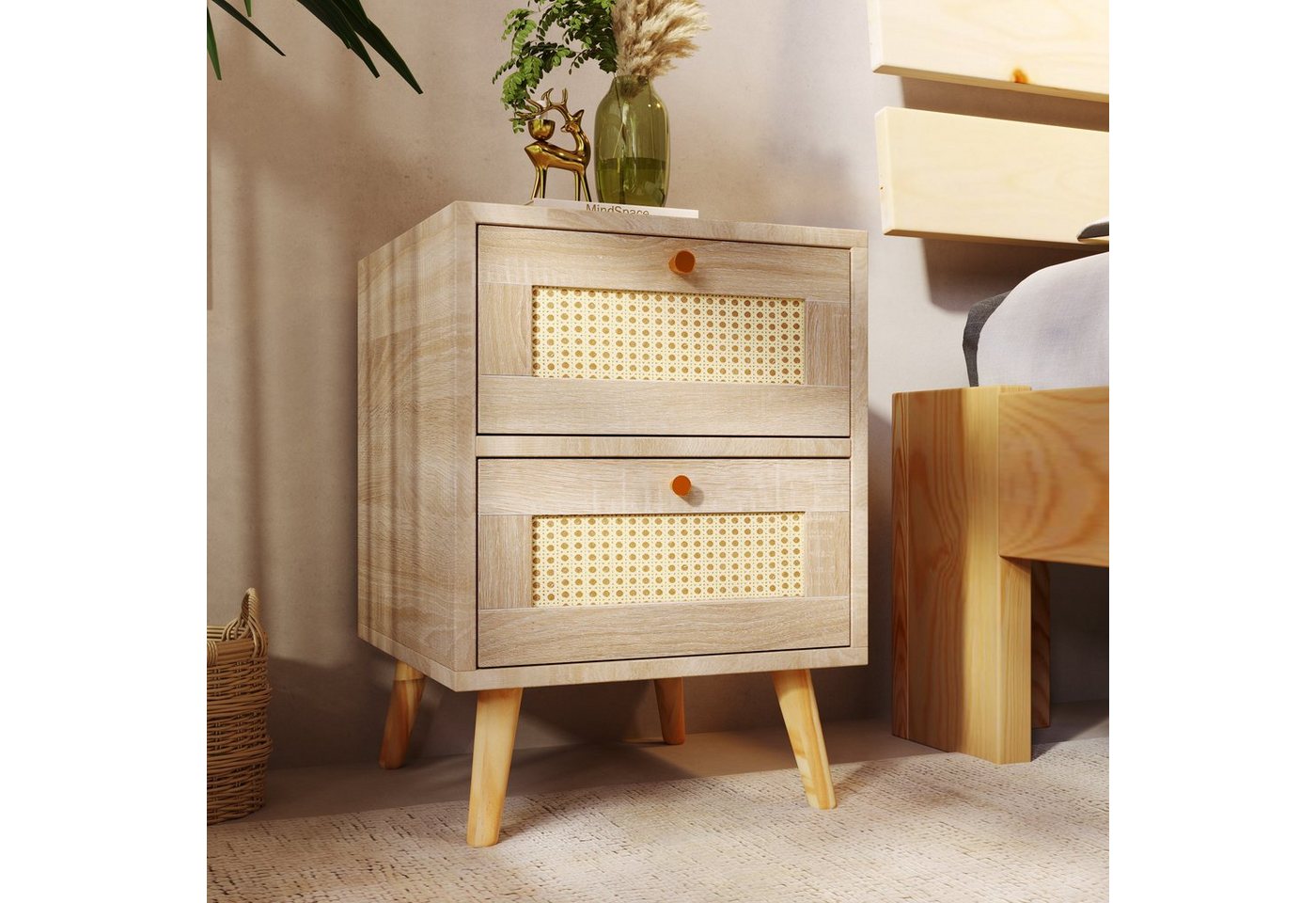 REDOM Nachttisch Nachtschrank (Beistelltisch Sideboard Kommode), mit 2 Schubladen Eiche Rattan von REDOM