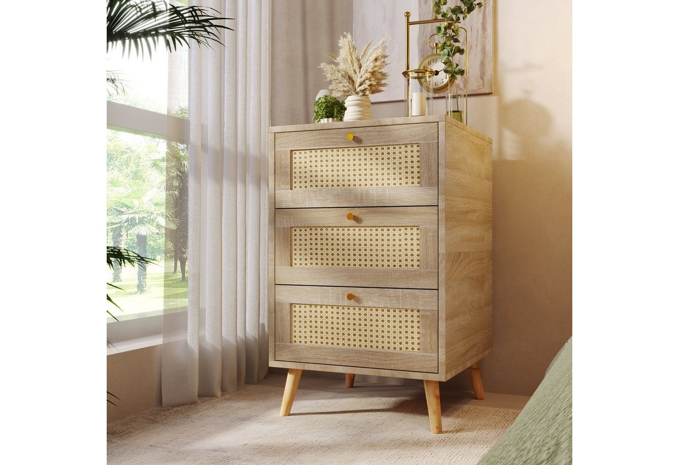 REDOM Nachttisch Nachtschrank (Beistelltisch Sideboard Kommode), mit 3 Schubladen Eiche Rattan von REDOM