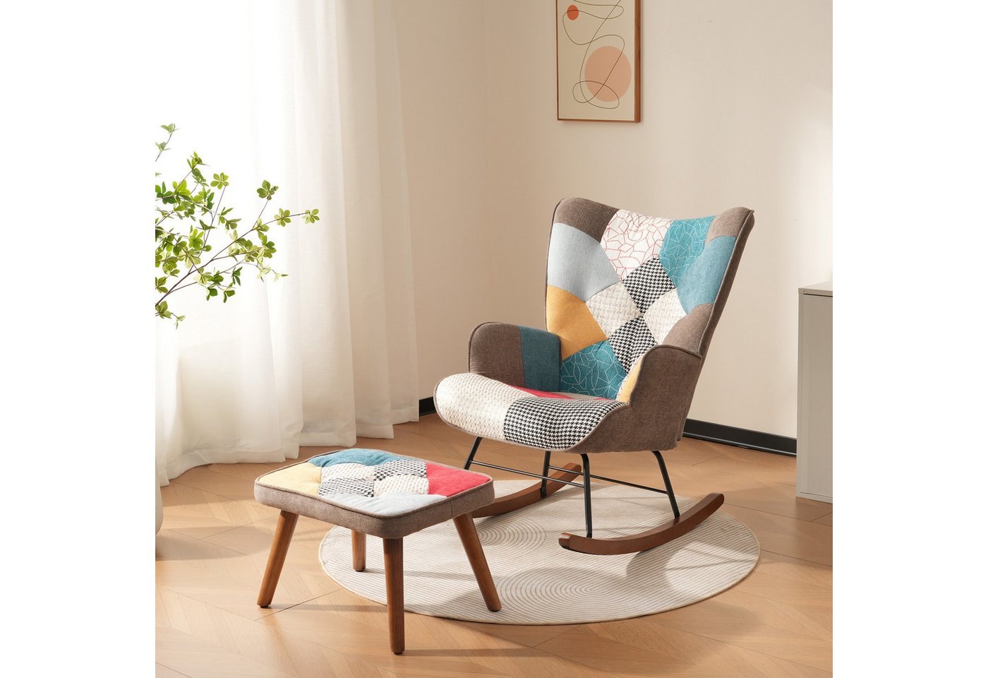 REDOM Ohrensessel Patchwork Schaukelstuhl mit Hocker, Massivholzbeine, bunte Polsterung (aus Holz und Eisen, langlebig), Patchwork-Schaukelstuhl mit Walnussholz von REDOM