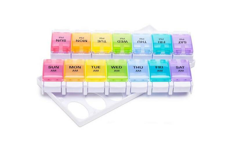 REDOM Pillendose Vitaminbox Medikamentendosierer mit 14 Fächern (groß farbig durchsichtig Wochenbox Tablettenbox, 1 St., mit Druckknopf), für Senioren Kinder Erwachsene Fitnessstudio Outdoor Reisen usw. von REDOM