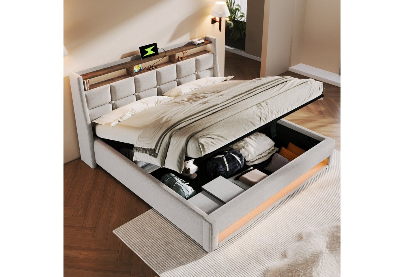 REDOM Polsterbett (LED Doppelbett Jugendbett mit USB Ladeanschluss), 160 x 200 cm Inklusive Matratze von REDOM