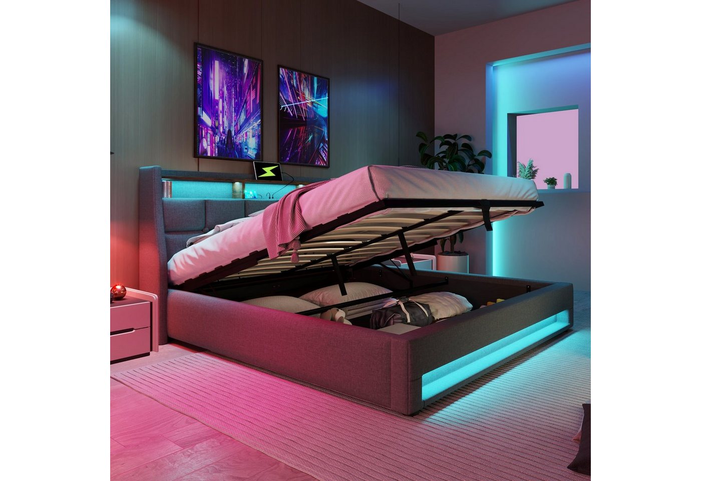 REDOM Polsterbett (LED Doppelbett Jugendbett mit USB Ladeanschluss), 160x200cm,Ohne Matratze von REDOM