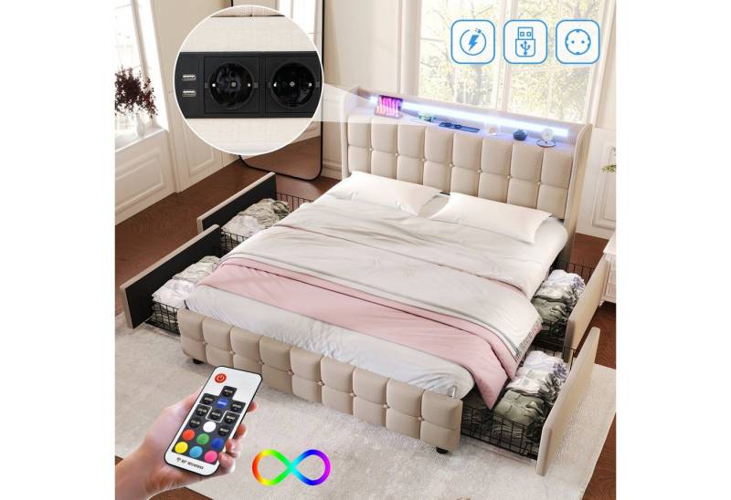 REDOM Polsterbett (mit aufladen USB Ladefunktion LED-Beleuchtung und 4 Schubladen, 140x 200 cm Inklusive Matratze) von REDOM