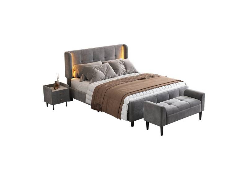 REDOM Polsterbett 140x200 cm Stauraumbett, Funktionsbett Doppelbett (Doppelbett mit 16-farbigen Lichtleisten an den Seitenohren, Nachttisch mit 2 Schubladen, Modernes Design Polsterbett + 1x Nachttisch+ Betthocker), Samt 140x200 cm,Ohne Matratze REDOM Polsterbett 140x200 cm Stauraumbett, Funktionsbett Doppelbett (Doppelbett mit 16-farbigen Lichtleisten an den Seitenohren, Nachttisch mit 2 Schubladen, Modernes Design Polsterbett + 1x Nachttisch+ Betthocker), Samt 140x200 cm,Ohne Matratze von REDOM