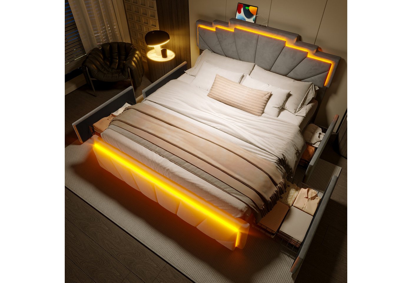 REDOM Polsterbett 2 Höhenverstellungen und 4 große Schubladen,Doppelbett (mit einzigartigem trapezförmigem Kopfteil, LED-Beleuchtung und USB Type-C Anschluss, Stauraumbett, 160x200 cm), ohne Matratze von REDOM