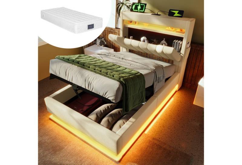 REDOM Polsterbett Bequeme Betten mit Stauraum und LED-Beleuchtung (Struraumbett, Funktionsbett, 90x200 cm, mit Matratze (H25cm), Beige), mit USB- und Typ-C-Anschlüssen, LED-Beleuchtung von REDOM