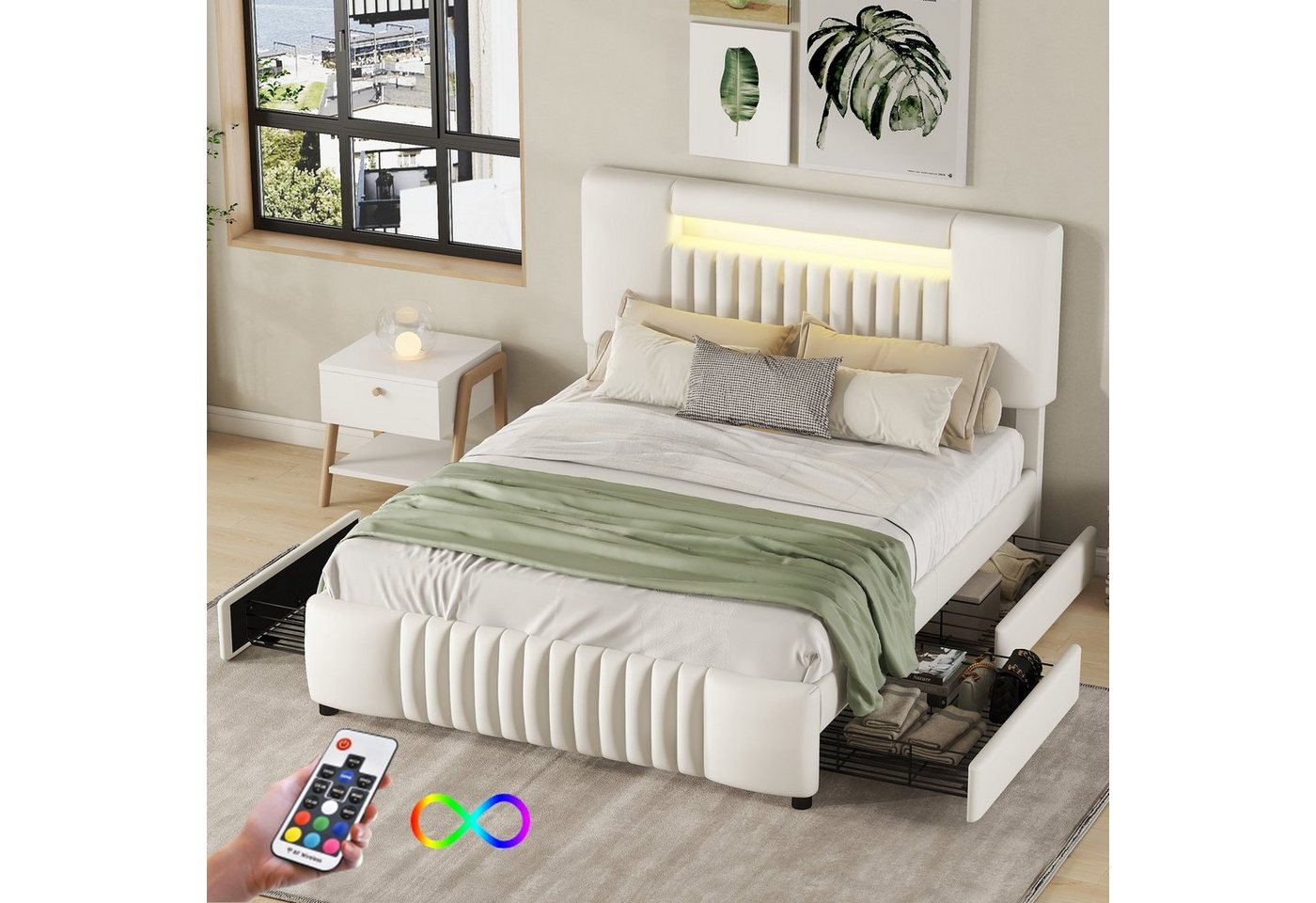 REDOM Polsterbett Bett, Doppelbett mit vier Schubladen (140 x 200cm, Gästebett mit Lichtleiste), ohne Matratze von REDOM