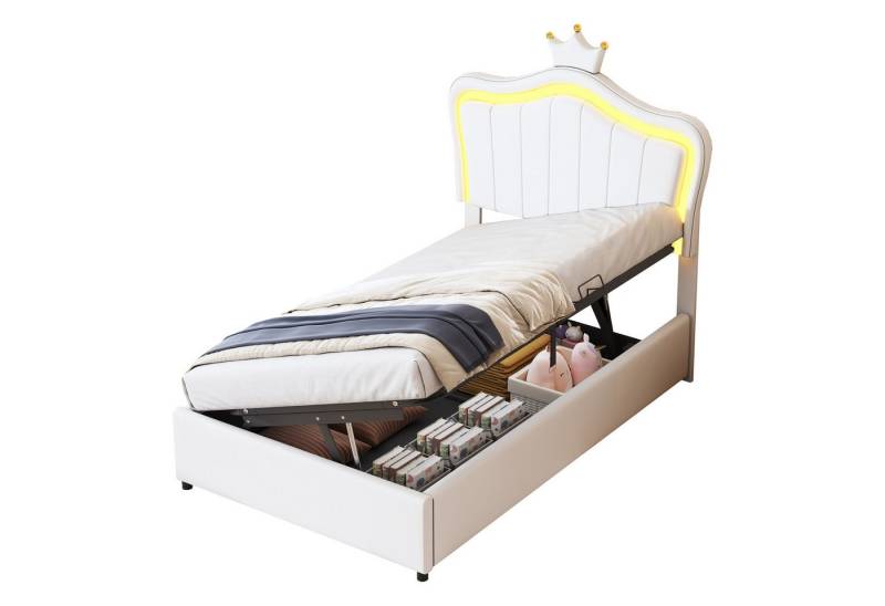 REDOM Polsterbett Bett Kinderbett Polsterbet Gästebett (mit Kronendesign und LED-Beleuchtung, Höhenverstellbares Kopfteil, 90 x 200 cm), Ohne Matratze von REDOM