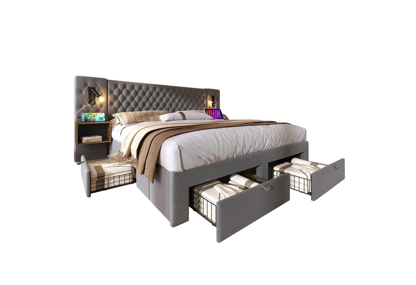 REDOM Polsterbett Bettanlage Schlafzimmer Komplett Set (Doppelbett, 1-tlg., 180 ×200 cm, mit Matratze), mit 2 Nachttischen, 4 Schubladen, Leselicht mit USB Ladefunktion von REDOM