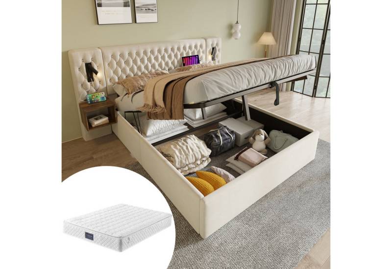 REDOM Polsterbett Bettanlage Schlafzimmer Komplett Set (Stauraumbett, Doppelbett, 2-tlg., 2 Nachttischen, 160×200cm,mit Matratze), Hydraulisch Stauraumbett mit zwei Nachttischen von REDOM