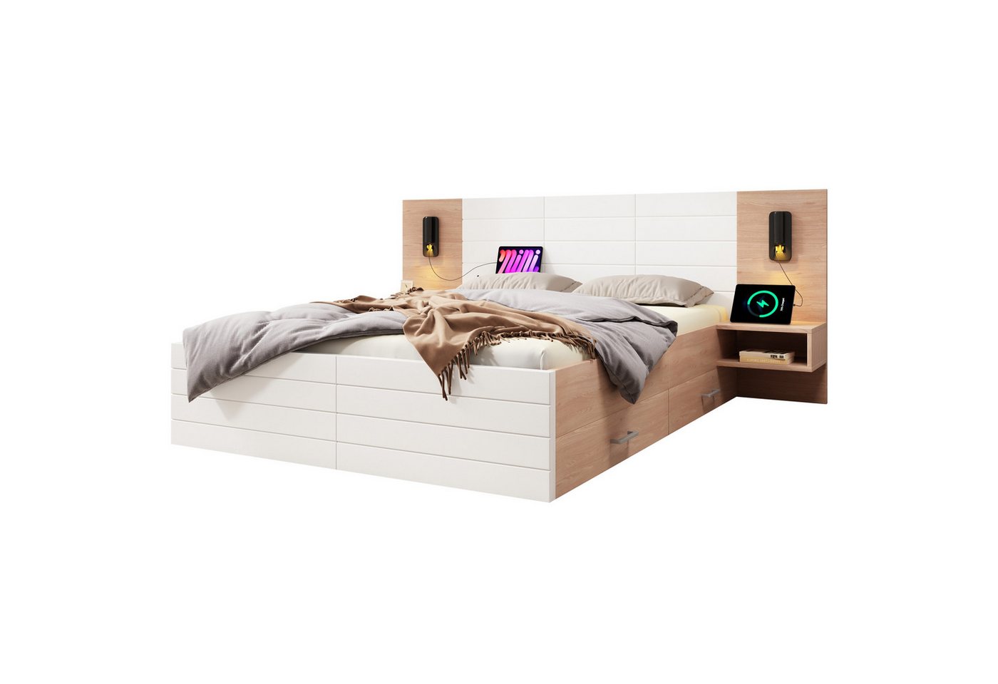 REDOM Polsterbett Bettanlage mit Stauraum (Doppelbett, Holzbett, 2-tlg., 140×200cm, mit Matratze), mit 2 Schubladen, 2 Nachtkommode, Leselicht&USB Ladefunktion von REDOM