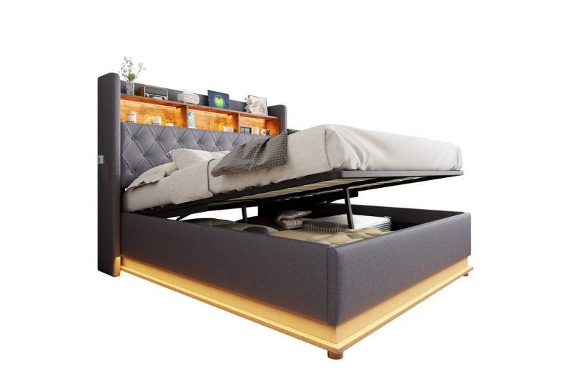 REDOM Polsterbett Doppelbett,Gästebett,mit USB-Ladeanschluss und hydraulischem Stauraum (LED-Polsterbett,mit USB-Ladeanschluss & hydraulischem Stauraum, Mehrfarbige LED-Beleuchtung, Stabiles Metallgestell & Strapazierfähiger Leinenstoff., 160 x 200 cm), ohne Matratze von REDOM