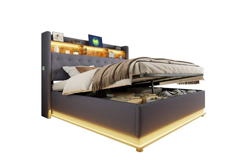 REDOM Polsterbett Doppelbett,Gästebett,mit USB-Ladeanschluss und hydraulischem Stauraum (LED-Polsterbett,mit USB-Ladeanschluss & hydraulischem Stauraum, Mehrfarbige LED-Beleuchtung, Stabiles Metallgestell & Strapazierfähiger Leinenstoff., 180 x 200 cm), ohne Matratze REDOM Polsterbett Doppelbett,Gästebett,mit USB-Ladeanschluss und hydraulischem Stauraum (LED-Polsterbett,mit USB-Ladeanschluss & hydraulischem Stauraum, Mehrfarbige LED-Beleuchtung, Stabiles Metallgestell & Strapazierfähiger Leinenstoff., 180 x 200 cm), ohne Matratze von REDOM