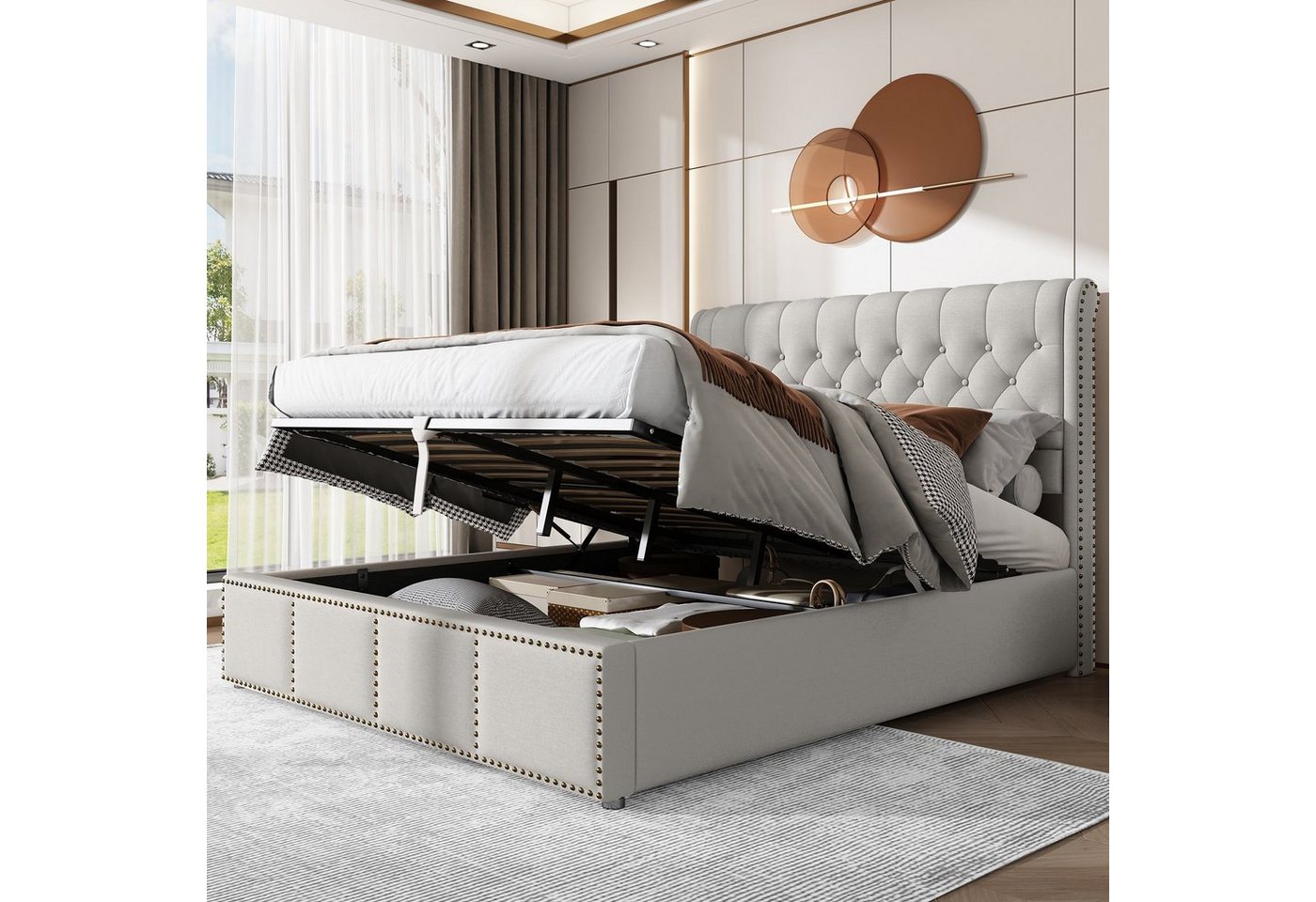 REDOM Polsterbett Doppelbett (140 x 200 cm, ohne Matratze), mit Hydraulikhebel, Aufbewahrung von Bettkästen von REDOM