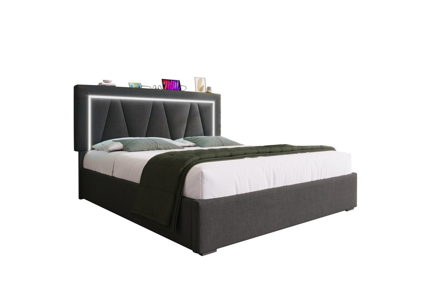 REDOM Polsterbett Doppelbett (140 x 200 cm Ohne Matratze), LED Doppelbett + USB/Typ-C Ladefunktion von REDOM