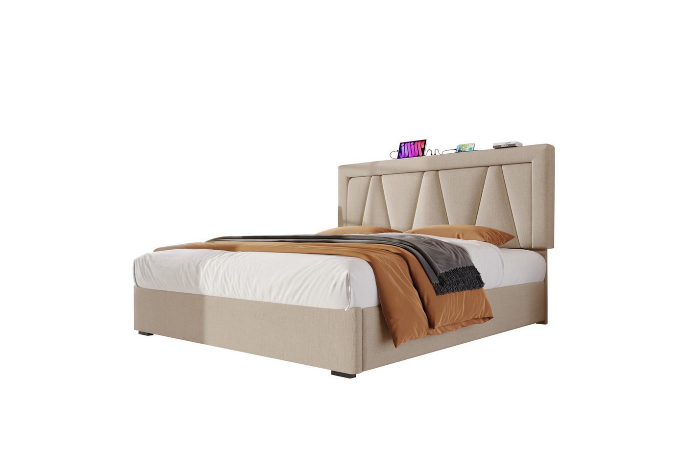 REDOM Polsterbett Doppelbett (160 x 200 cm Ohne Matratze), LED Doppelbett + USB/Typ-C Ladefunktion von REDOM