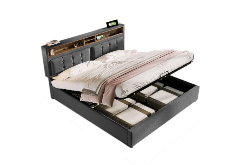 REDOM Polsterbett Doppelbett (Hydraulisches Doppelbett mit USB/Typ-C Ladefunktion), 160 x 200 cm,Inklusive Matratze von REDOM
