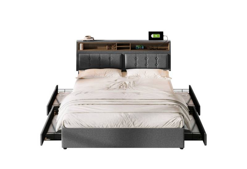 REDOM Polsterbett Doppelbett (mit USB/Typ-C Ladefunktion + 4 Schubladen 140x200cm Leinen), Inklusive Matratze von REDOM