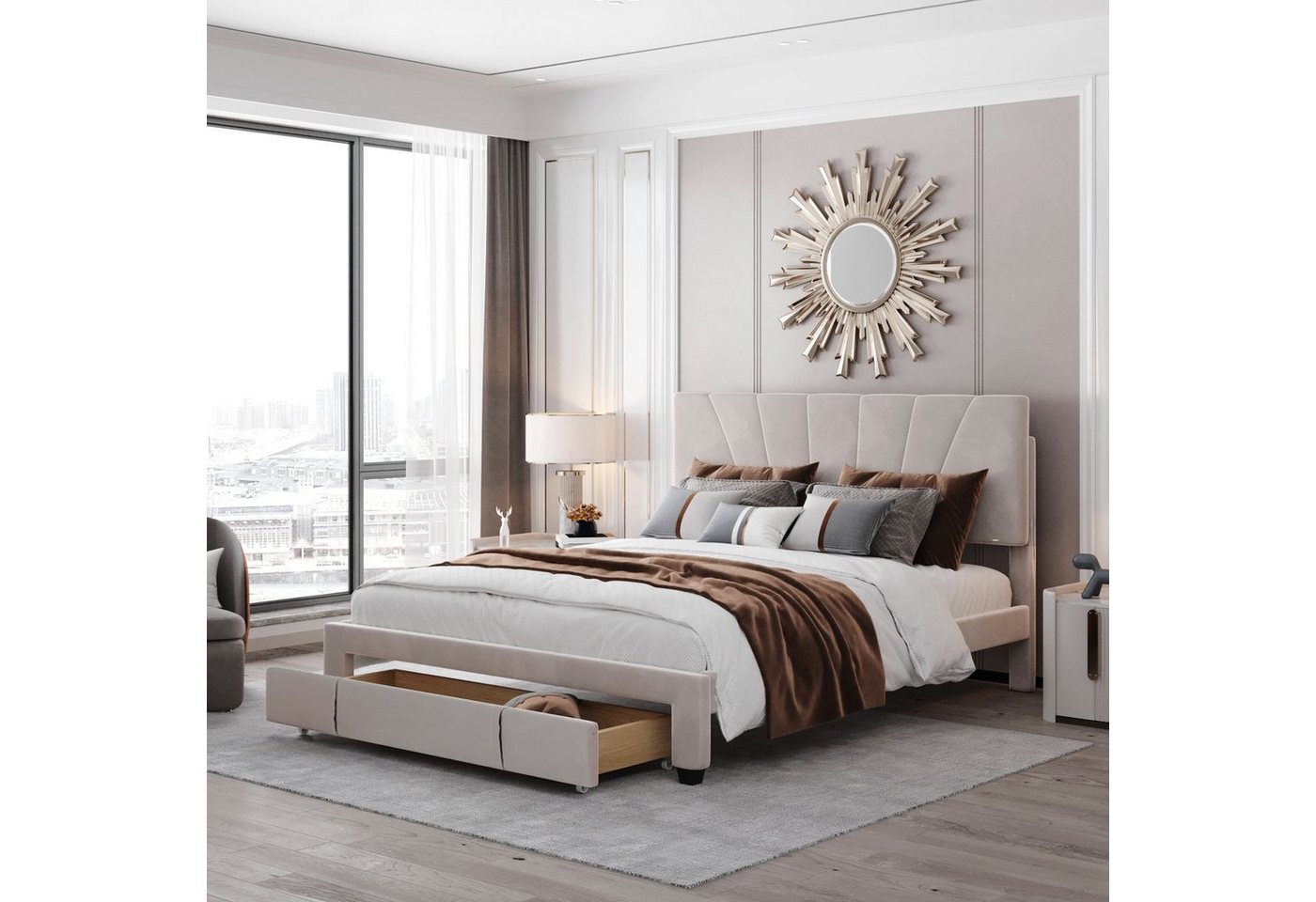 REDOM Polsterbett Doppelbett Bett Holzbett mit Bettgestell ohne Matratze 140*200 cm (mit Rückenlehne und großer Schublade) von REDOM