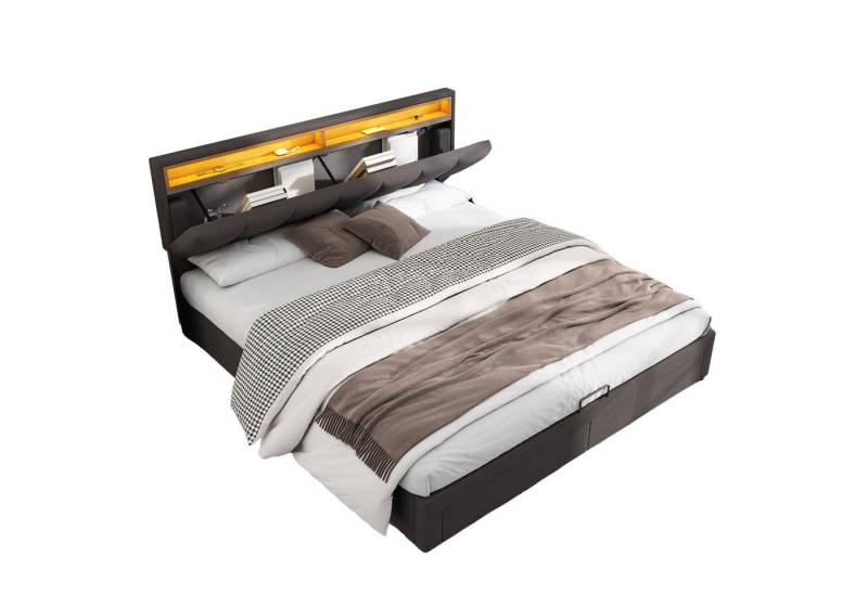 REDOM Polsterbett Doppelbett Bett Stauraumbett Jugendbett gepolsteres Bettgestell (Doppelbett aus Stahlrahmen, Struraumbett, Funktionsbett, 1-tlg., 160*200cm,ohne Matratze), mit LED-Beleuchtung von REDOM