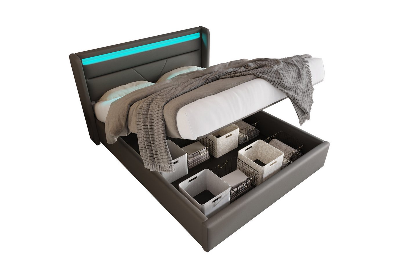 REDOM Polsterbett Doppelbett Bettgestell Stauraumbett mit LED-Beleuchtungsleiste, Funktionsbett, Mit Fernbedienung, ohne Matratze von REDOM