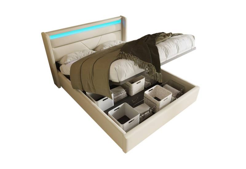 REDOM Polsterbett Doppelbett Bettgestell Stauraumbett mit LED-Beleuchtungsleiste, Funktionsbett, Mit Fernbedienung, ohne Matratze von REDOM