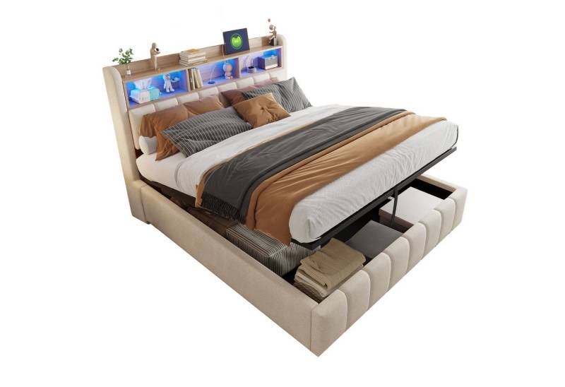 REDOM Polsterbett Doppelbett Jugendbett Gästebett (mit LED-Beleuchtung, USB-Anschluss und Hydraulik-Stauraum, Kopfteil mit Einlegeböden, Stabiler Metallrahmen., 180 x 200 cm), ohne Matratze von REDOM