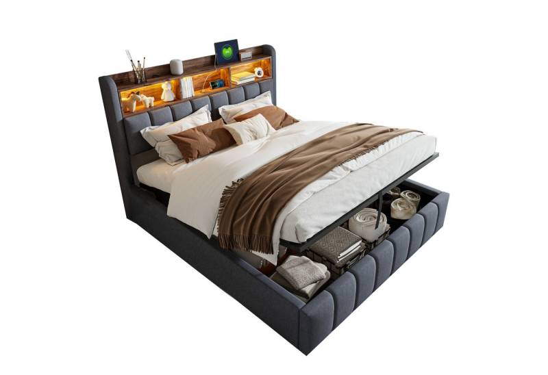 REDOM Polsterbett Doppelbett Jugendbett Gästebett (mit LED-Beleuchtung, USB-Anschluss und Hydraulik-Stauraum, Kopfteil mit Einlegeböden, Stabiler Metallrahmen., 180 x 200 cm), ohne Matratze von REDOM