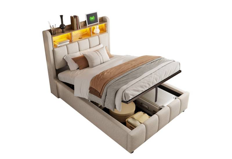 REDOM Polsterbett Doppelbett Jugendbett Gästebett (mit LED-Beleuchtung, USB-Anschluss und Hydraulik-Stauraum, Kopfteil mit Einlegeböden, Stabiler Metallrahmen., 90 x 200 cm), Inklusive Matratze von REDOM
