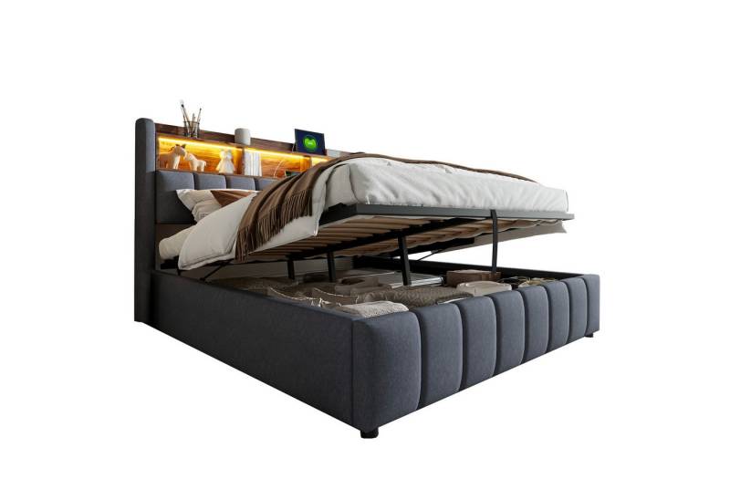 REDOM Polsterbett Doppelbett Jugendbett Gästebett (mit LED-Beleuchtung, USB-Anschluss und Hydraulik-Stauraum, Kopfteil mit Einlegeböden, Stabiler Metallrahmen., 90 x 200 cm), Inklusive Matratze von REDOM