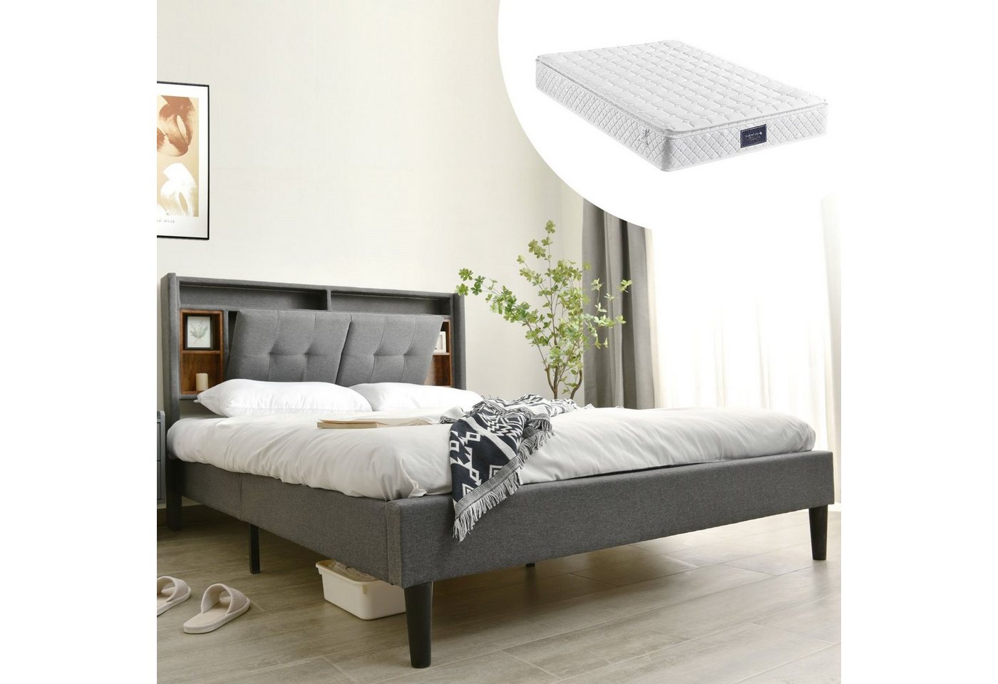 REDOM Polsterbett Doppelbett Stauraum-Kopfteil Bett (140x200 cm Inklusive Matratze), mit aufladen USB und LED-Beleuchtung Bettgestell von REDOM