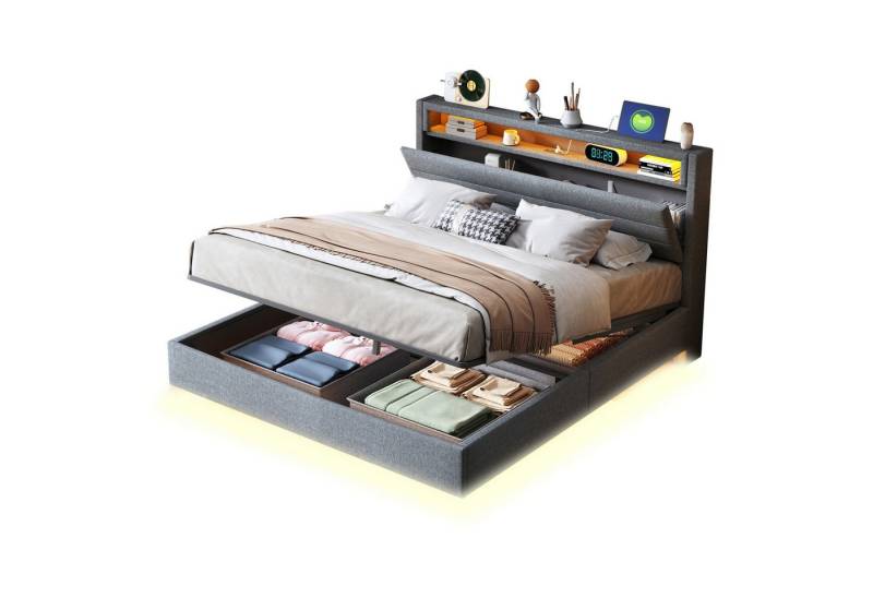 REDOM Polsterbett Doppelbett Stauraumbett (mit USB-Steckdose, LED-Beleuchtung & Hydraulischem Stauraum – Wendekopfteil., 140x200 cm), Ohne Matratze von REDOM