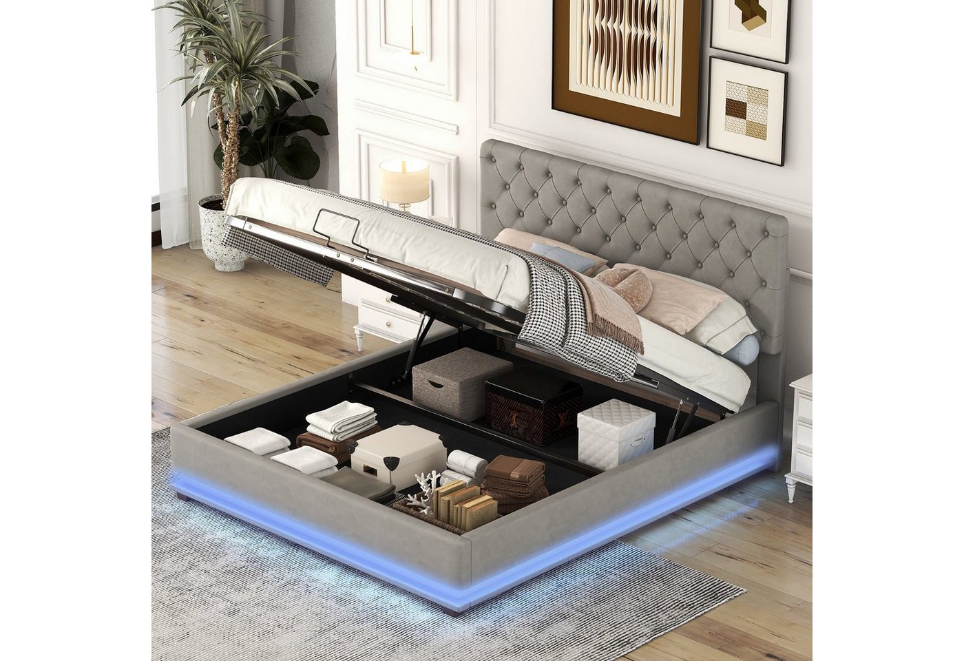 REDOM Polsterbett Doppelbett mit LED in diversen Farben (Stauraumbett mit Hydraulisch, Bettkasten & Lattenrost-Bezug, Verstellbares Kopfteil,Grau, 140x200cm) von REDOM