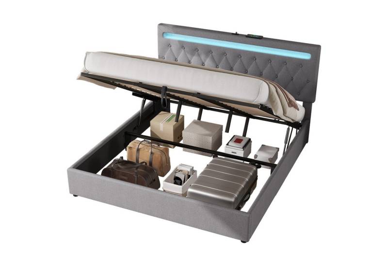 REDOM Polsterbett Funktionsbett, Umgebungslicht am Doppelbett, 24-Tasten-Fernbedienung (Bett kann angehoben und abgesenkt werden, USB- und Typ-C-Steckdose am Bett, großer Stauraum, 180 x200 cm), ohne Matratze von REDOM