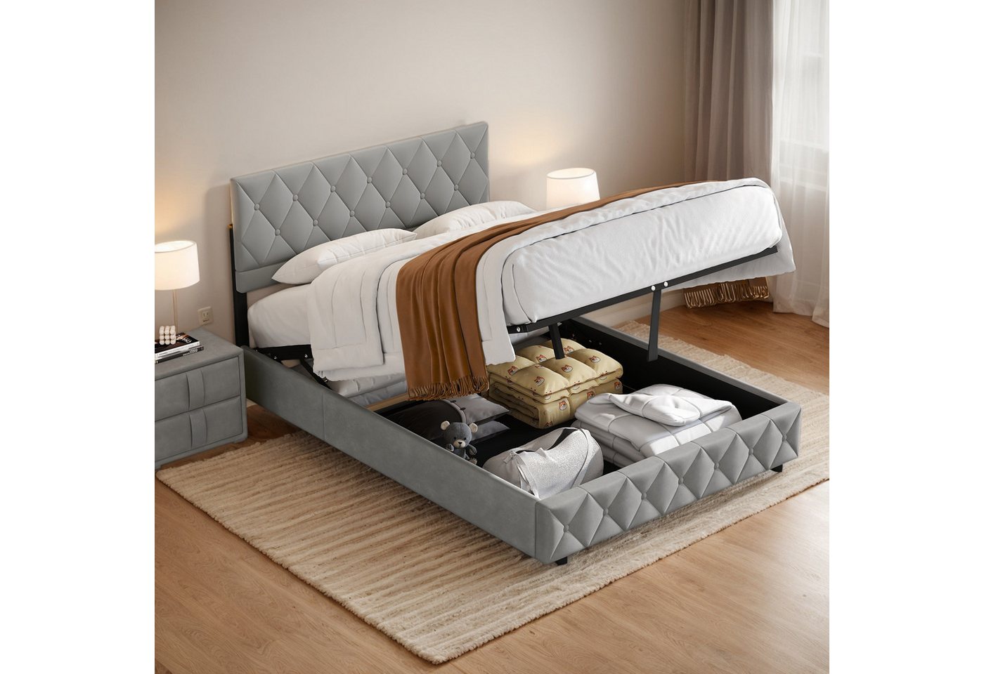 REDOM Polsterbett Funktionsbett Stauraumbett (Strapazierfähig und schmutzabweisend,elastische Polsterung, 140 x 200 cm mit Lattenrost Inklusive Matratze), Lattenrost, schlichtes Design von REDOM