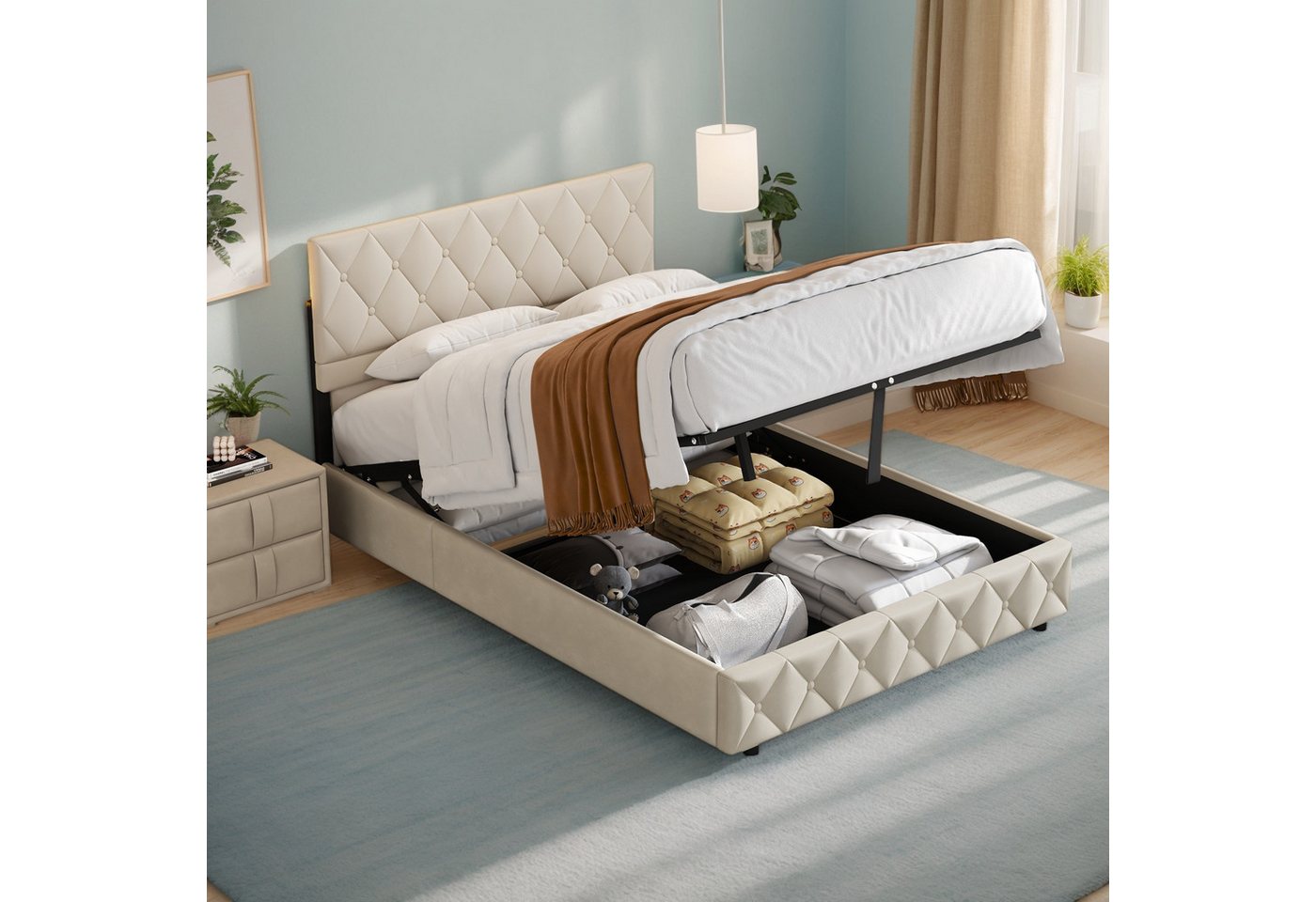 REDOM Polsterbett Funktionsbett Stauraumbett (Strapazierfähig und schmutzabweisend,elastische Polsterung, 160 x 200 cm mit Lattenrost Inklusive Matratze), Lattenrost, schlichtes Design von REDOM