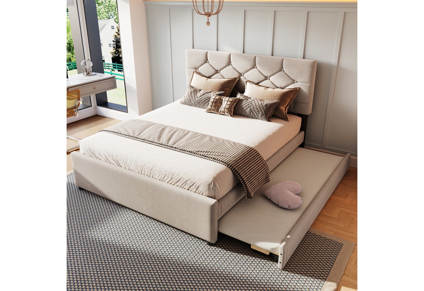 REDOM Polsterbett Gästebett,Funktionsbett,mit Rollcontainer (Polsterbett, mit Rollcontainer und Lattenrost, Samtbezug, Minimalistisches Design für Kinder- und Jugendzimmer, 90x200cm), ohne Matratze von REDOM