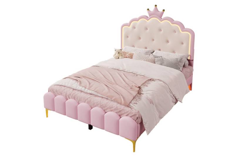 REDOM Polsterbett Gästebett,Jugendbett,mit LED-Umgebungslicht (Polsterbett,in Rosa mit LED Ambiente-Licht, Kronprinzessinnen-Design, kunstleder-Material, mit Lattenrost., 140 x 200 cm), ohne Matratze von REDOM