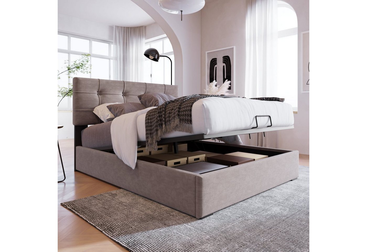 REDOM Polsterbett Hydraulisch Einzelbett Polsterbett (90x200cm ohne Matratze), Bett mit Lattenrost aus Metallrahmen, Samt von REDOM