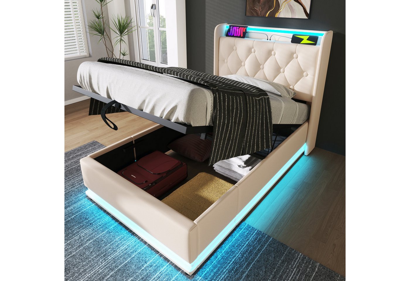 REDOM Polsterbett LED hydraulisches Bett (Stauraumbett, Lagerbett in weißem PU und grauem Leinen erhältlich, mit USB Typ-C Ladefunktion, 160*200cm, ohne Matratze), mit gepolstertes Kopfteil und Lattenrost,Bettkasten von REDOM
