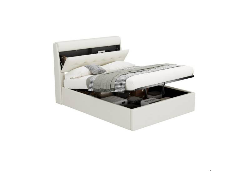 REDOM Polsterbett Hydraulisches Bett (160*200cm), mit Lattenrost verdeckte Kopfteilablage, Bettkastenablage von REDOM