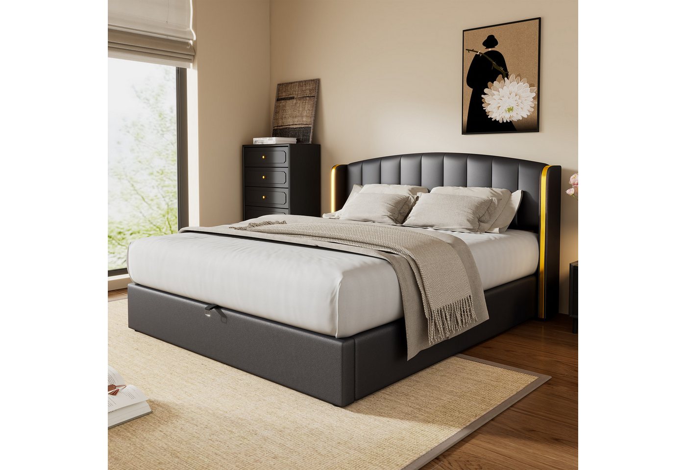 REDOM Polsterbett Hydraulisches Bett (180*200cm), mit goldgerandetes Ohrendesign, Bettkasten, Lattenrost und Kopfteil von REDOM