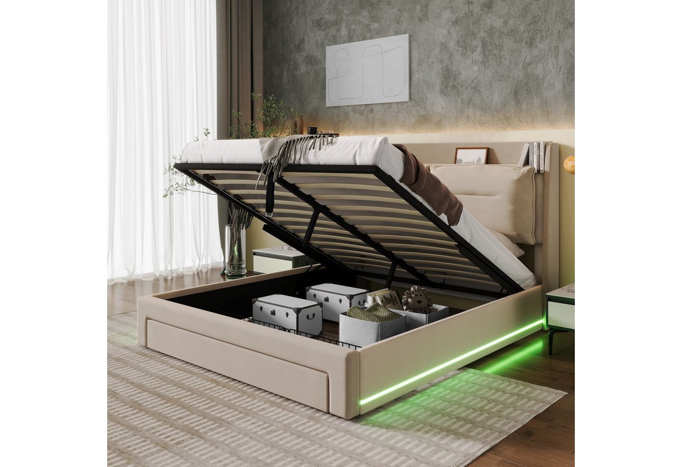 REDOM Polsterbett Hydraulisches Bett (LED-Licht-Polsterbett, mit Lattenrost, 140*200cm), 2-in-1 Stauraumschubladen, eingelassene LED-Lichtleisten von REDOM