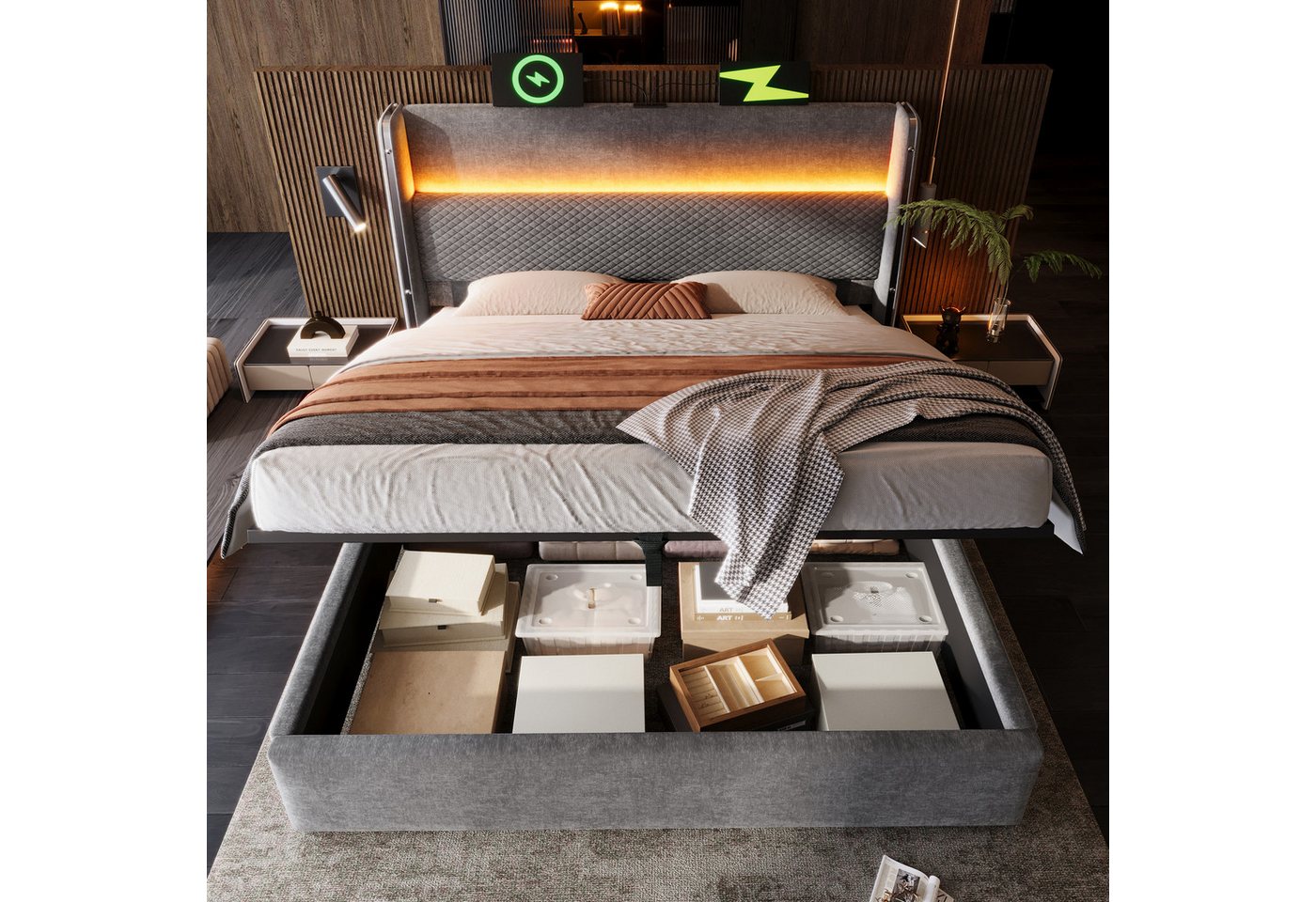 REDOM Polsterbett Hydraulisches Bett (Struraumbett, Funktionsbett, 1-tlg., 160x200cm, ohne Matratze), mit LED-Beleuchtung, USB/Type-C-Anschlüssen, Bettkasten und Lattenrost von REDOM