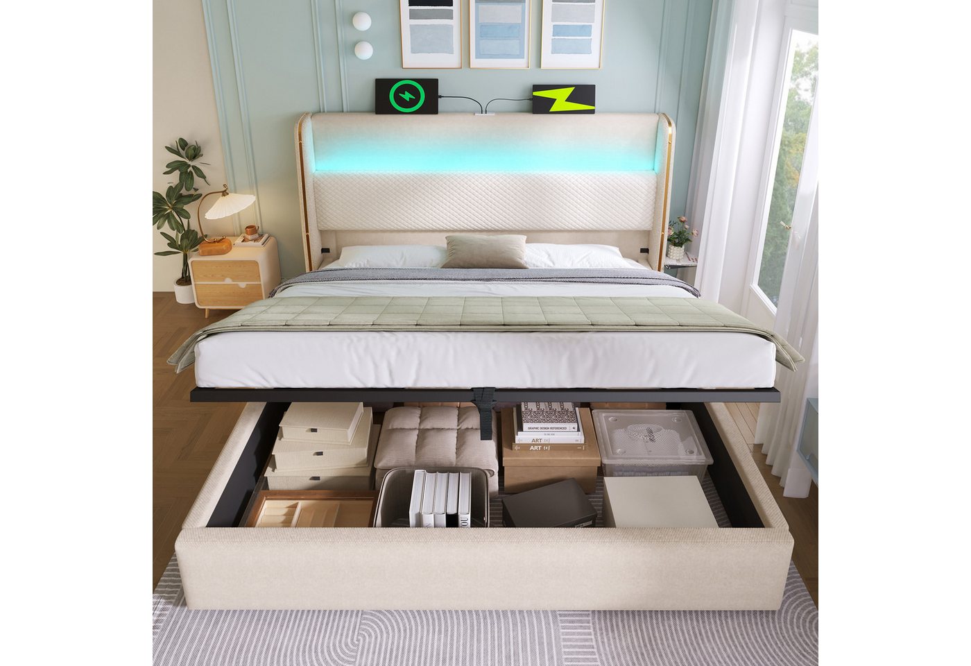 REDOM Polsterbett Hydraulisches Bett (Struraumbett, Funktionsbett, 2-tlg., 140x200cm, mit Matratze (H20cm Schaummatratze), mit LED-Beleuchtung, USB/Type-C-Anschlüssen, Bettkasten und Lattenrost von REDOM