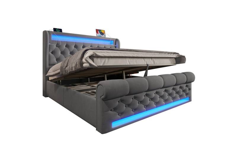 REDOM Polsterbett Hydraulisches Bett mit Samtbezug (Funktionsbett, 2-tlg., 140x200cm, mit Matratze (H20cm), mit USB- und Typ-C-Anschlüssen, LED-Leuchten von REDOM
